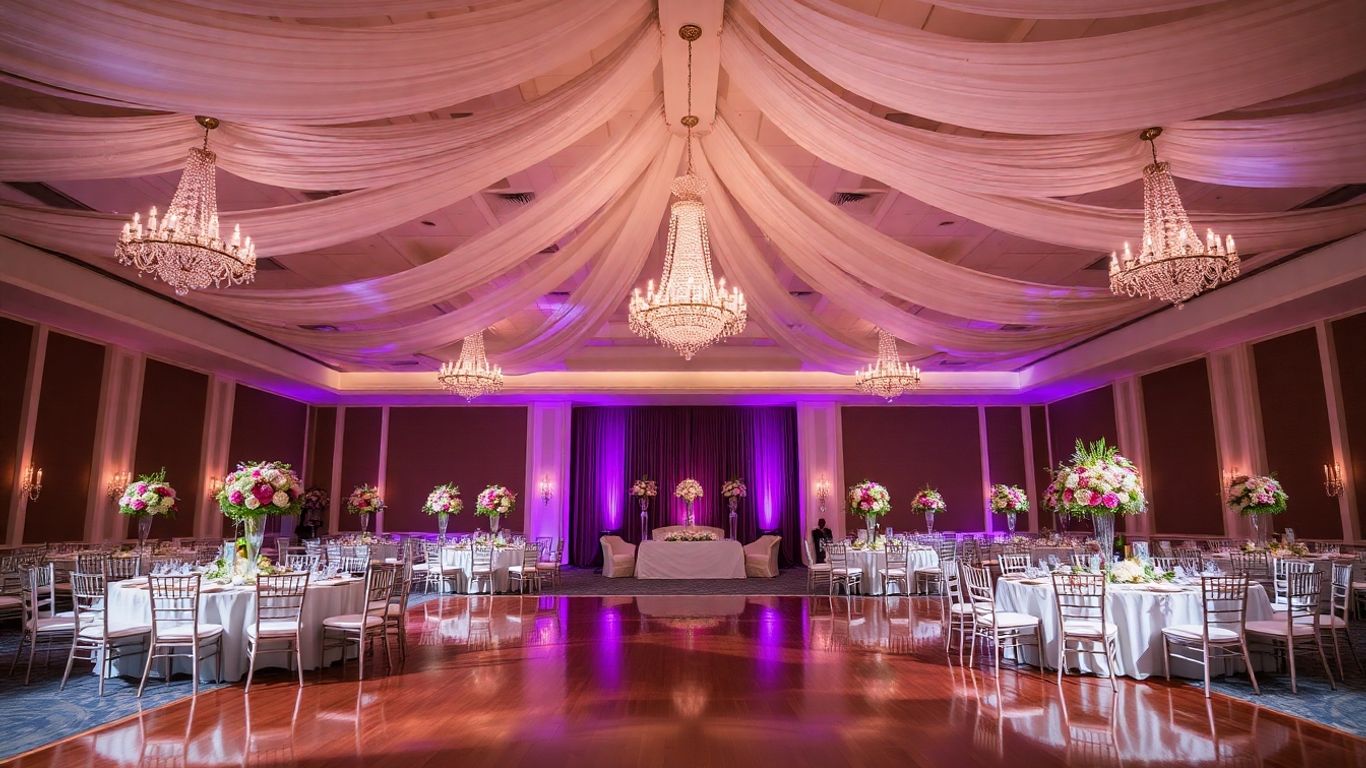 Elegant wedding reception ballroom with chandeliers and floral decor.