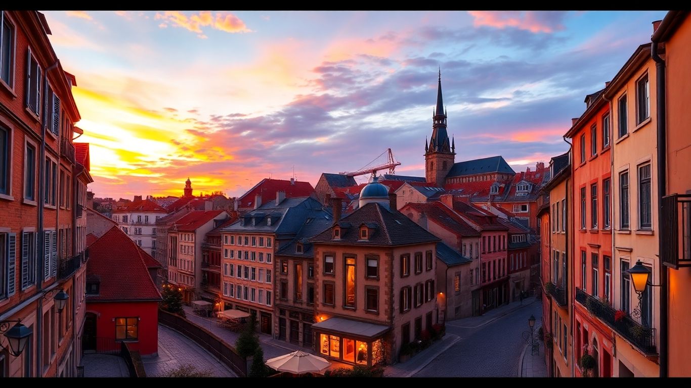 Colorful European cityscape at sunset with cobblestone streets.