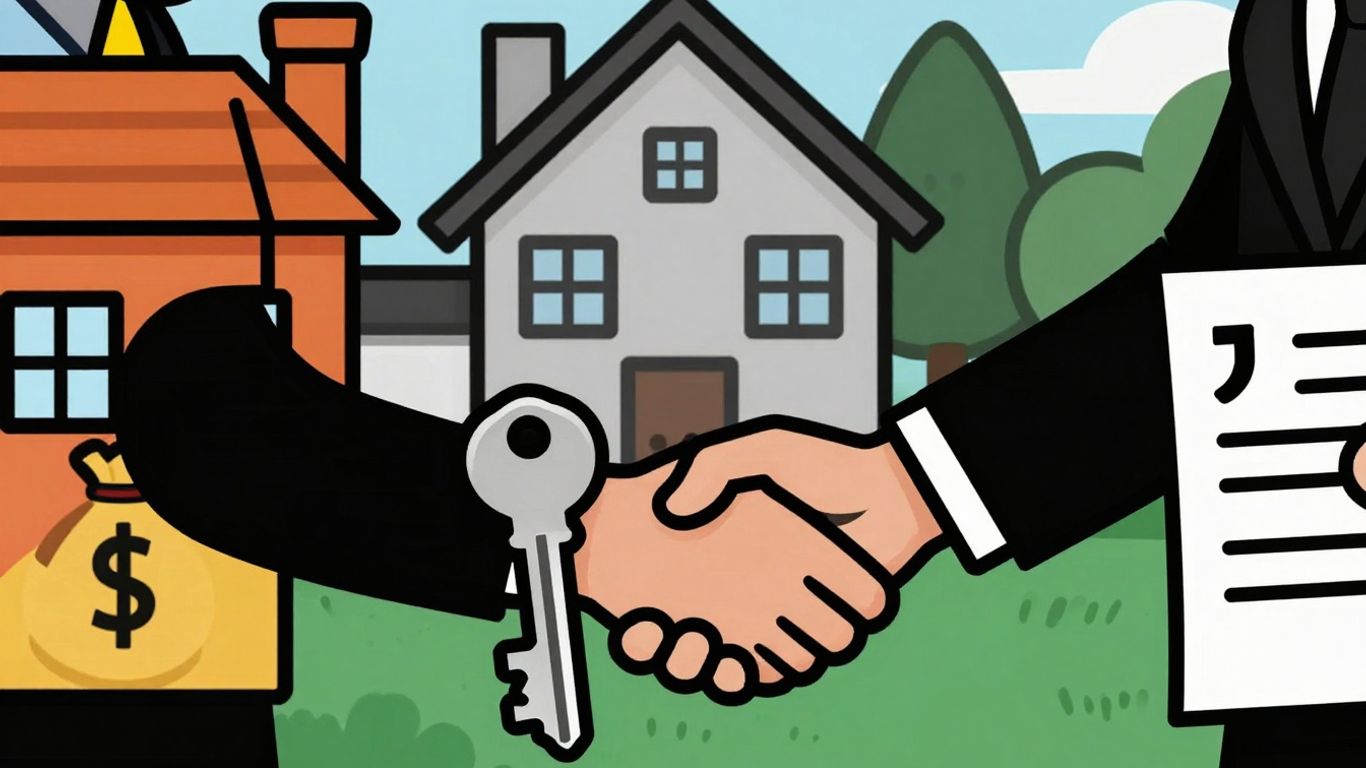 Cartoon handshake with key and money bag.