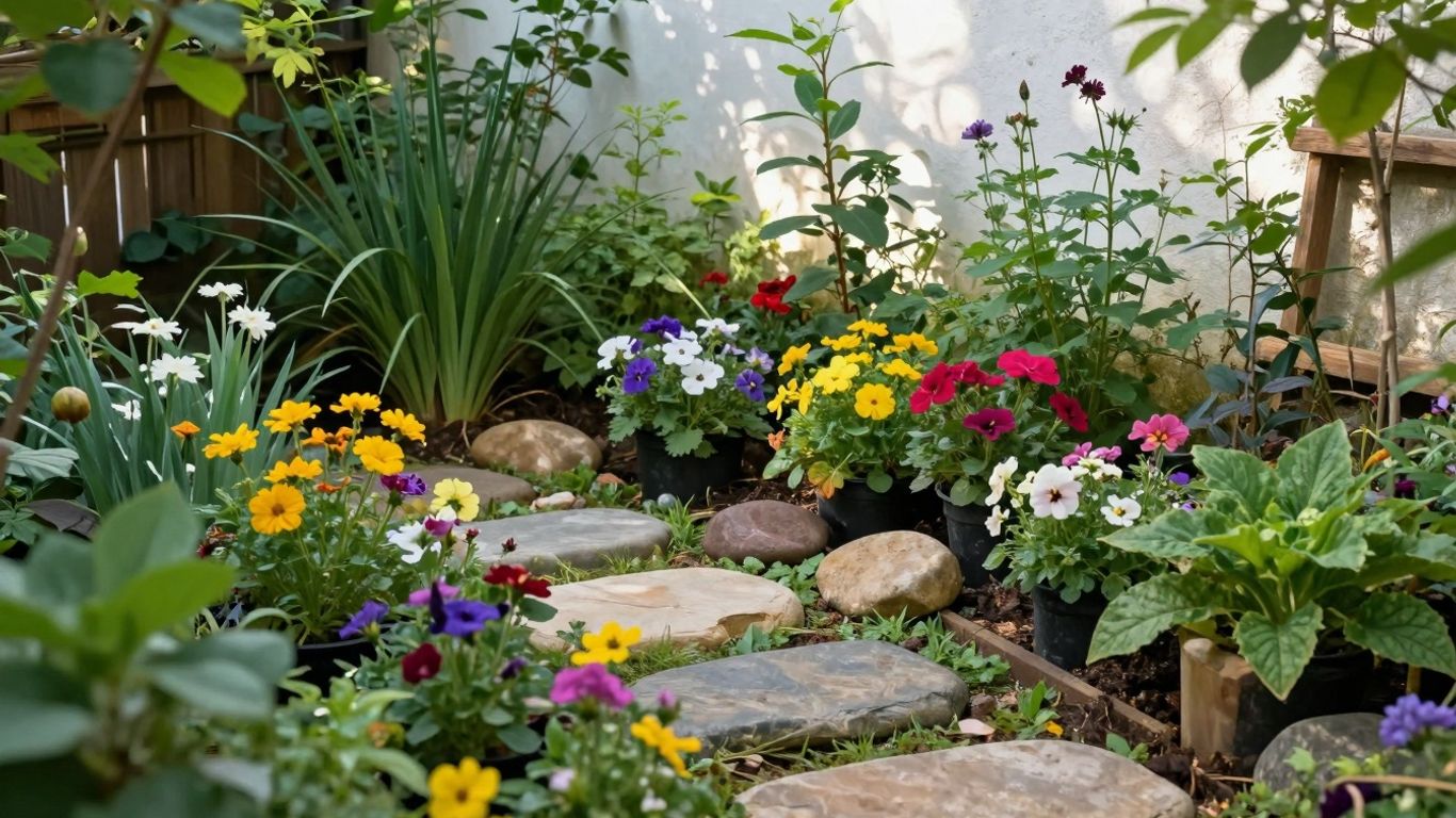 Kleine Gartengestaltung mit Farben und natürlichen Materialien.