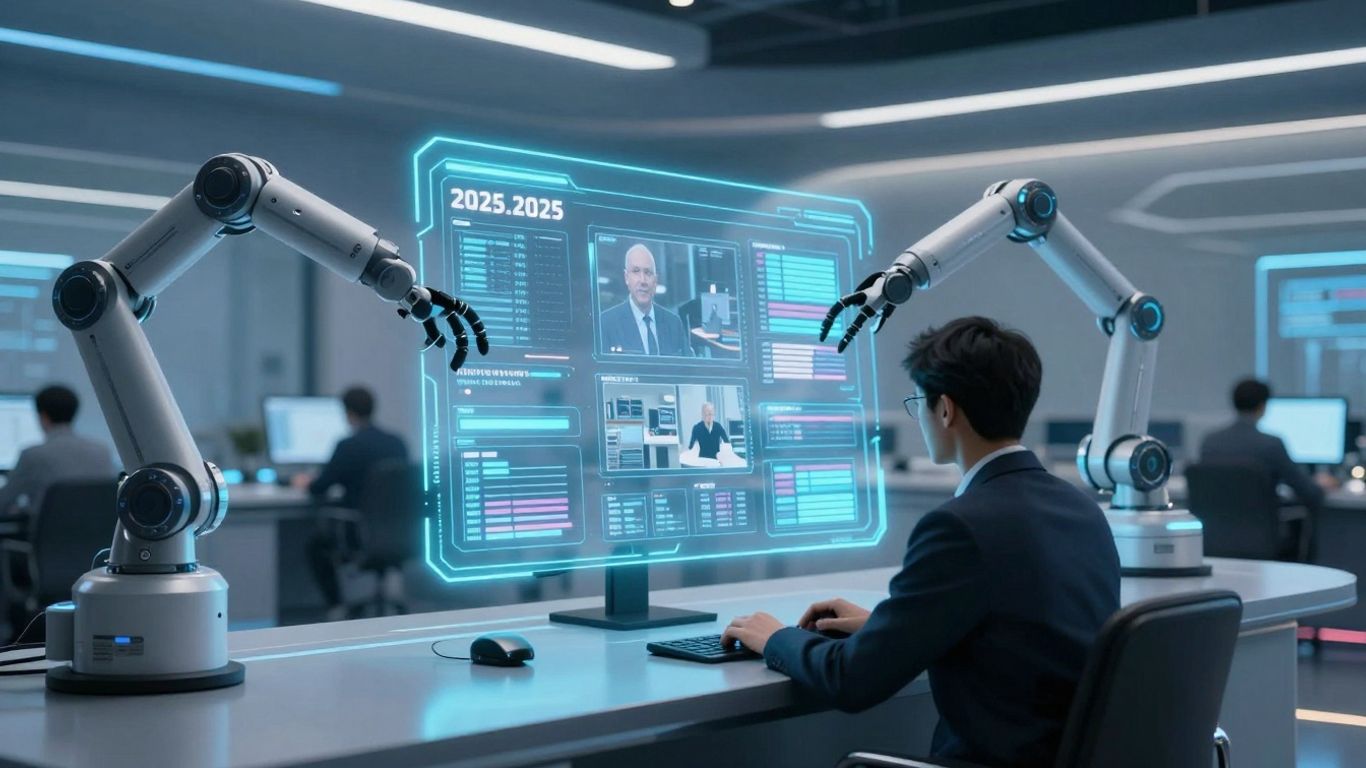 Futuristic newsroom with AI and automation creating news content.