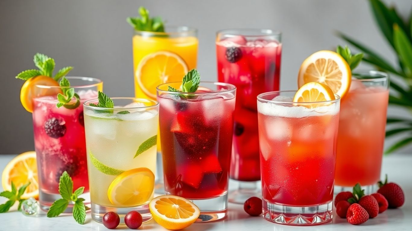 Colorful non-alcoholic cocktails with fresh garnishes.