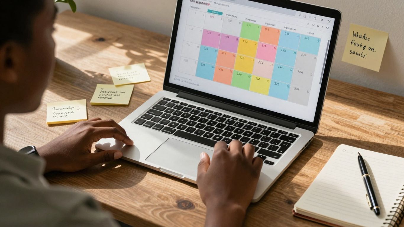Editorial calendar on a laptop screen.