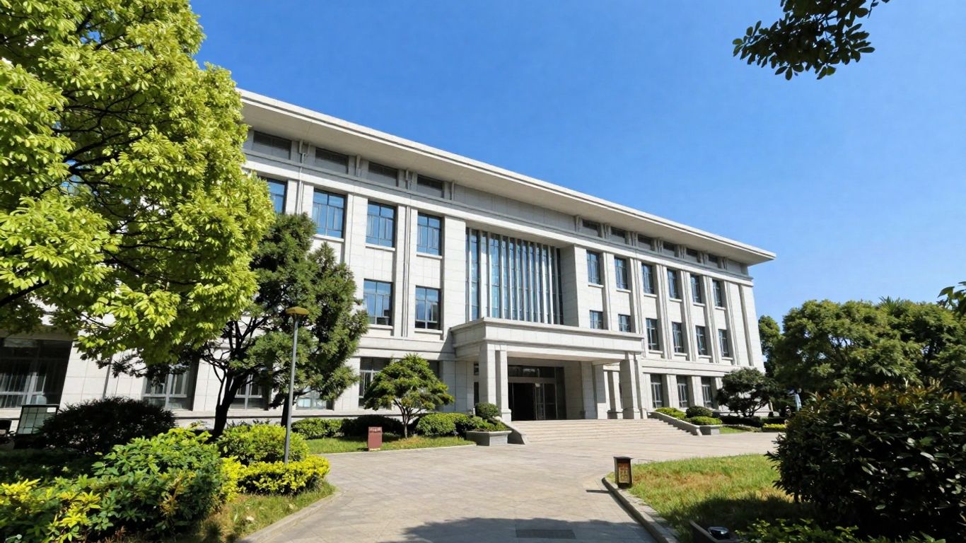 Grays Harbor College building exterior with trees and sky.
