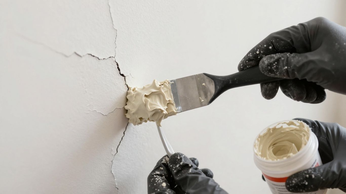 Hands filling a crack in a wall with filler.