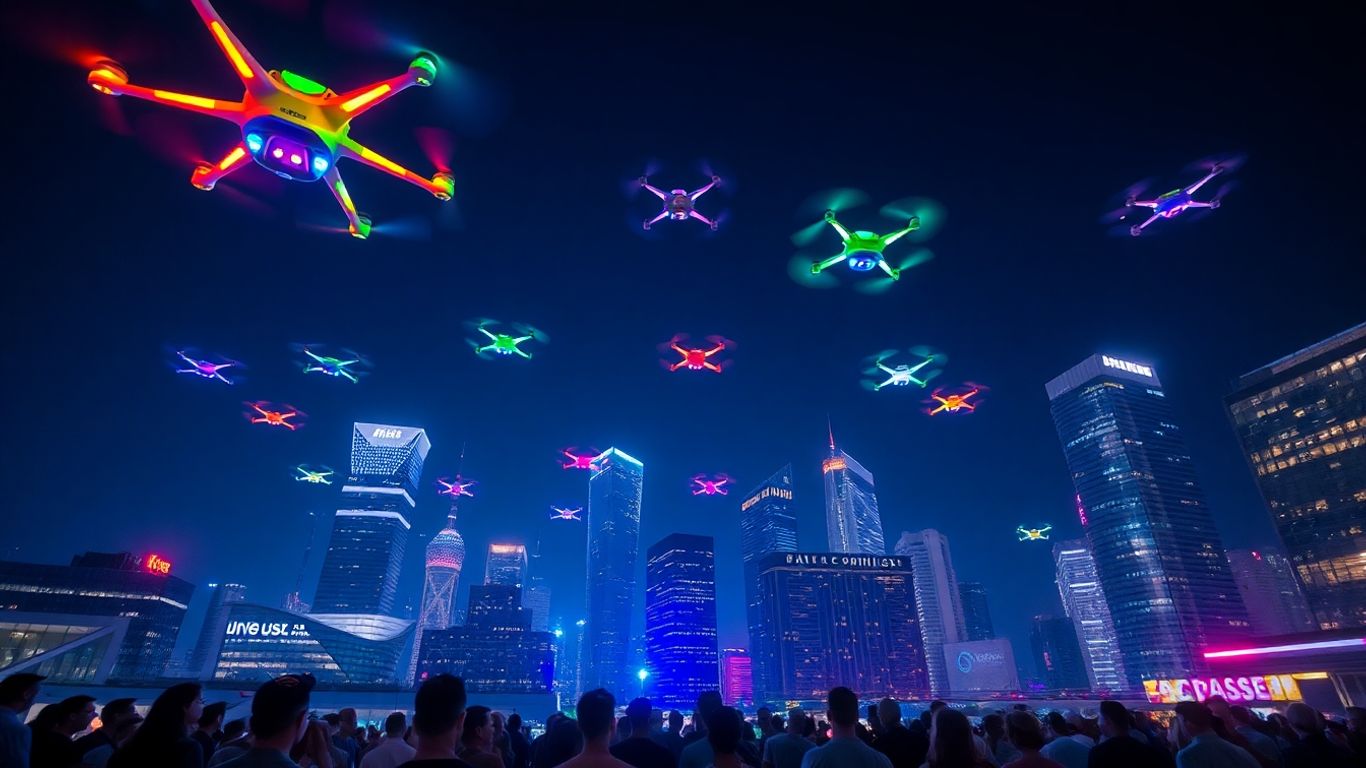 Pertunjukan drone malam di atas kota modern yang ramai.