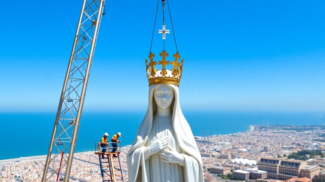 Couronne dorée hissée sur statue de la Bonne Mère Marseille