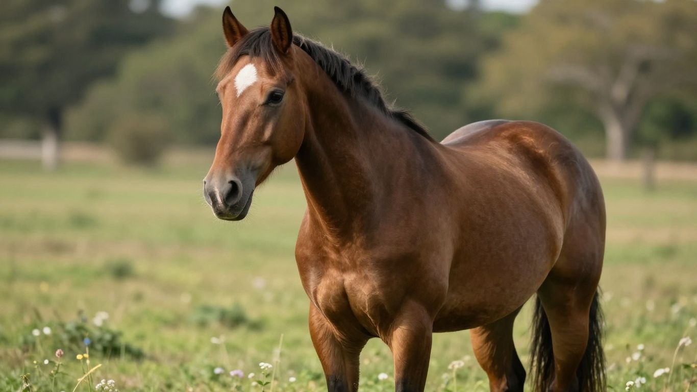 Horse in a sunny pasture, looking healthy and relaxed.