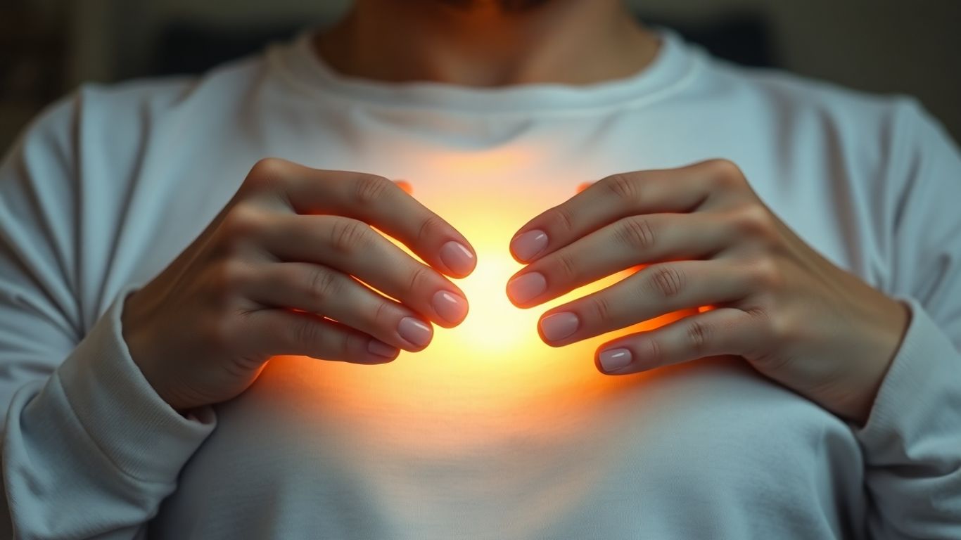Mains émettant une lumière douce sur la poitrine.