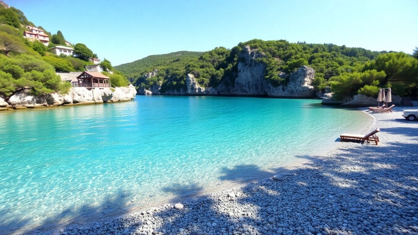 Playa croata aislada con aguas turquesas y acantilados exuberantes.
