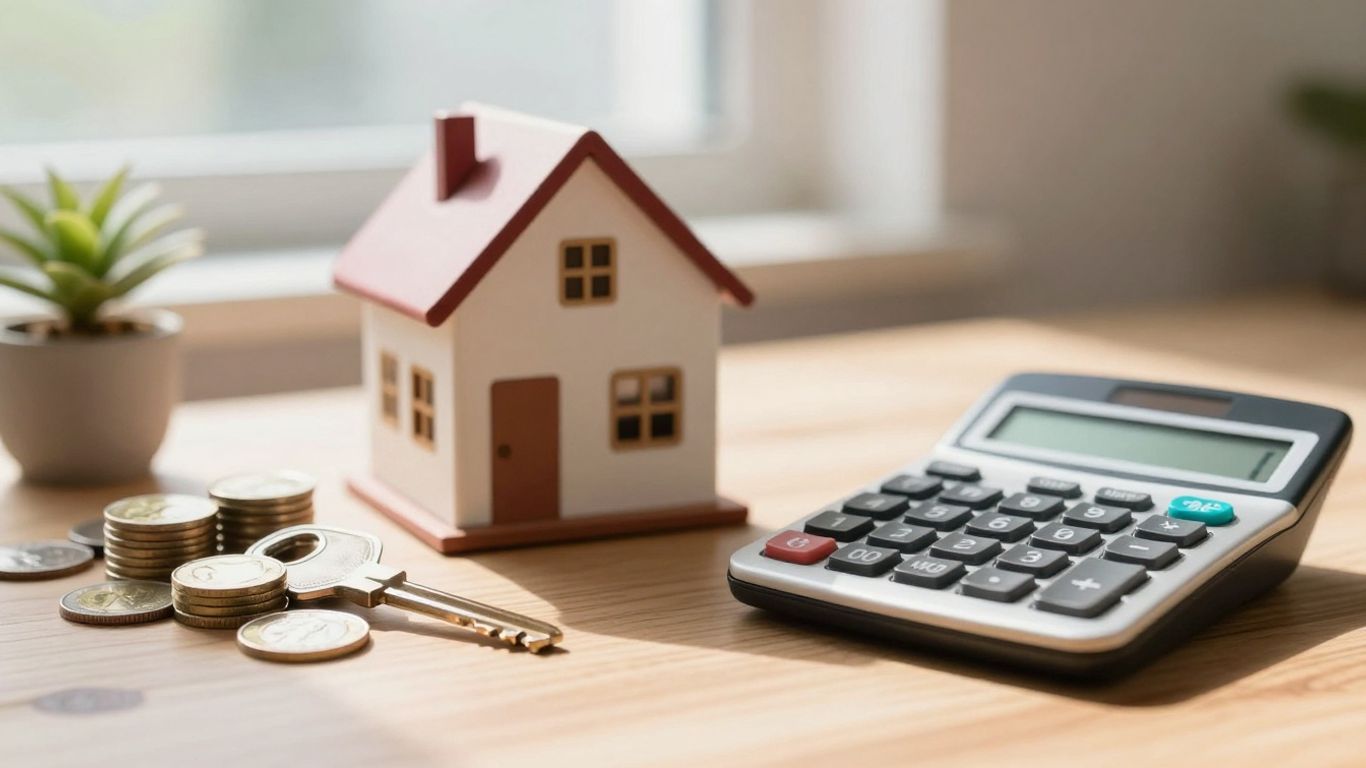 House with key, calculator, and coins.