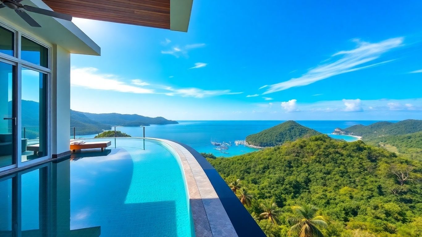 Penthouse balcony with sea view and infinity pool in Phuket.