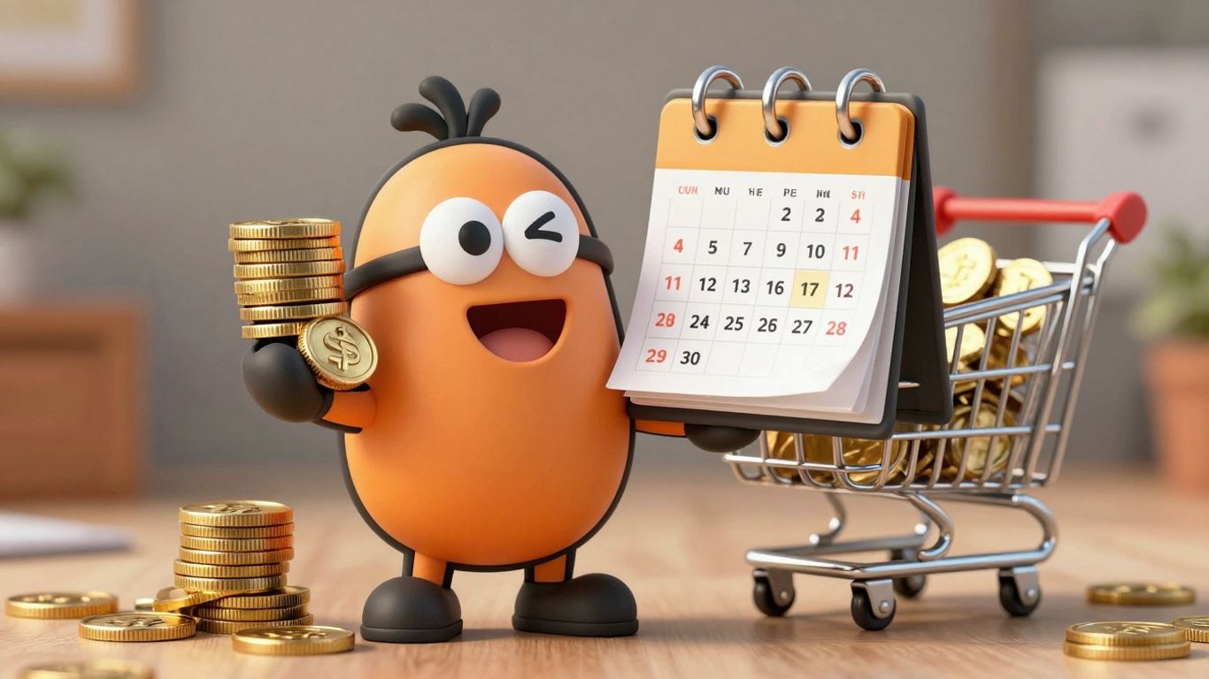 Cartoon character with coins and shopping cart.
