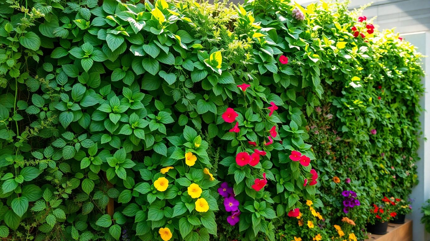 Grădină verticală plină de plante verzi și flori colorate.