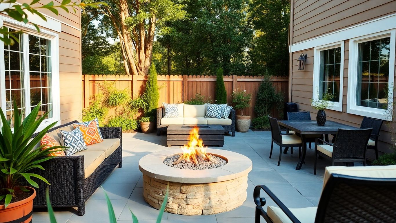 Cozy outdoor living space with furniture and plants.