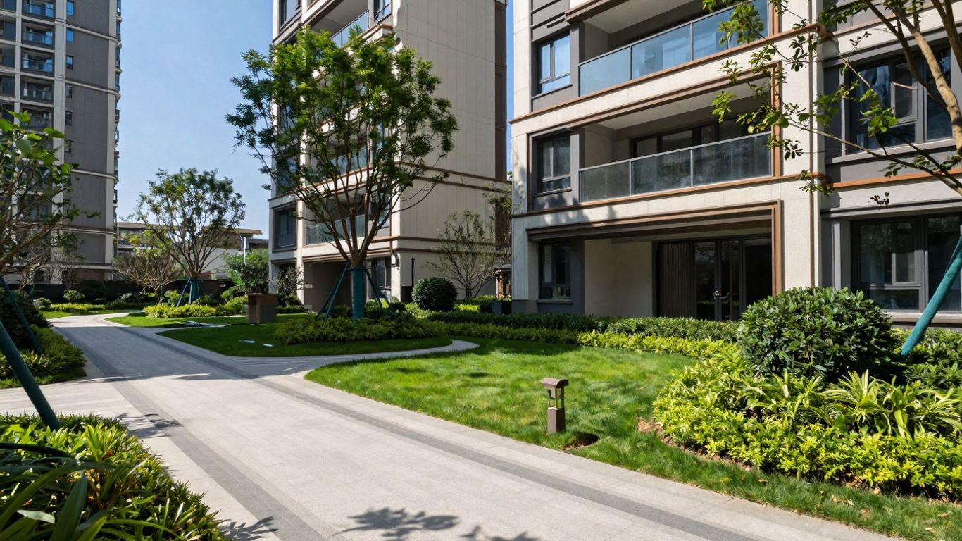 Modern residential complex with green landscaping and balconies.