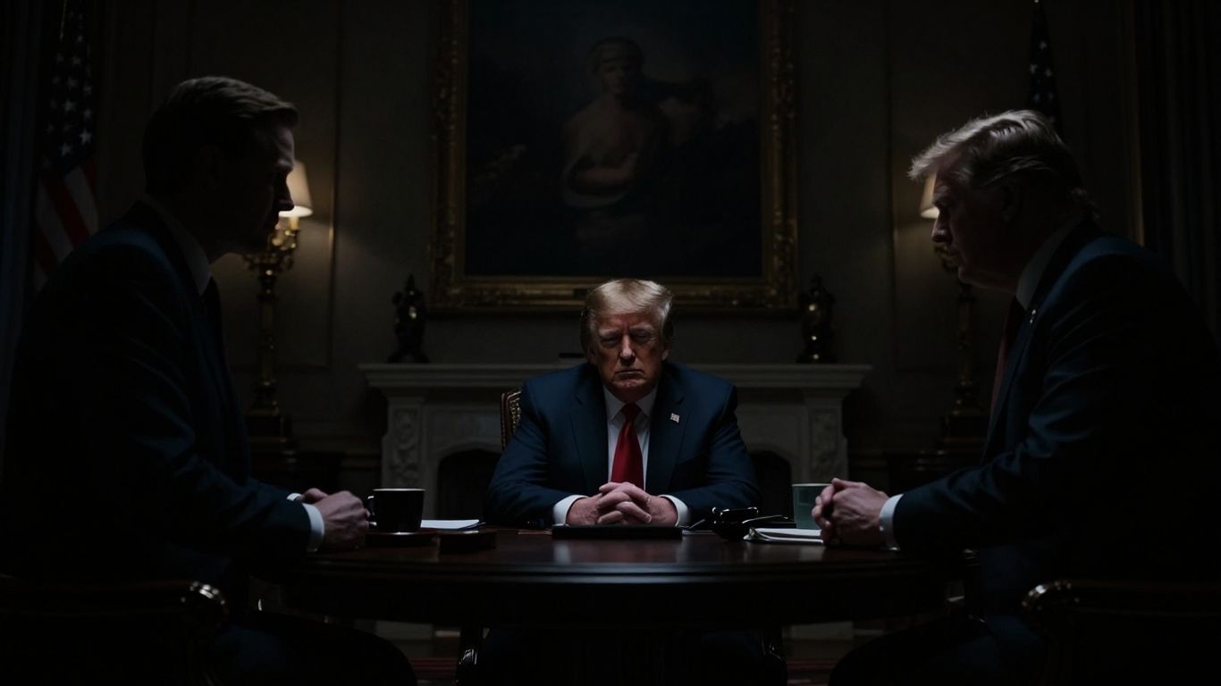 Silhouettes of powerful figures, including Trump, in a shadowy room. Unpacking the Epstein-Trump Connection