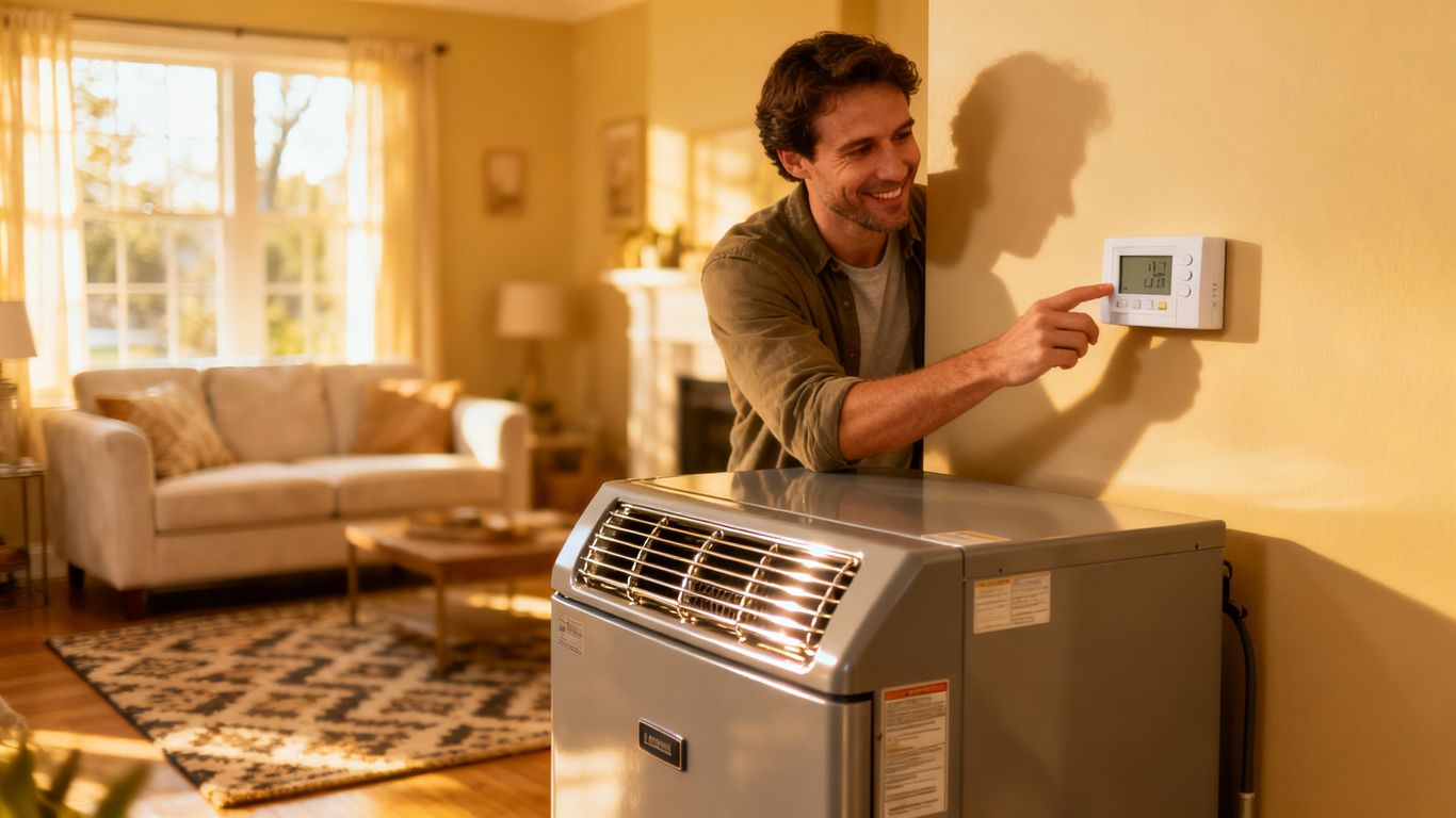 Homeowner adjusts thermostat near modern heating system