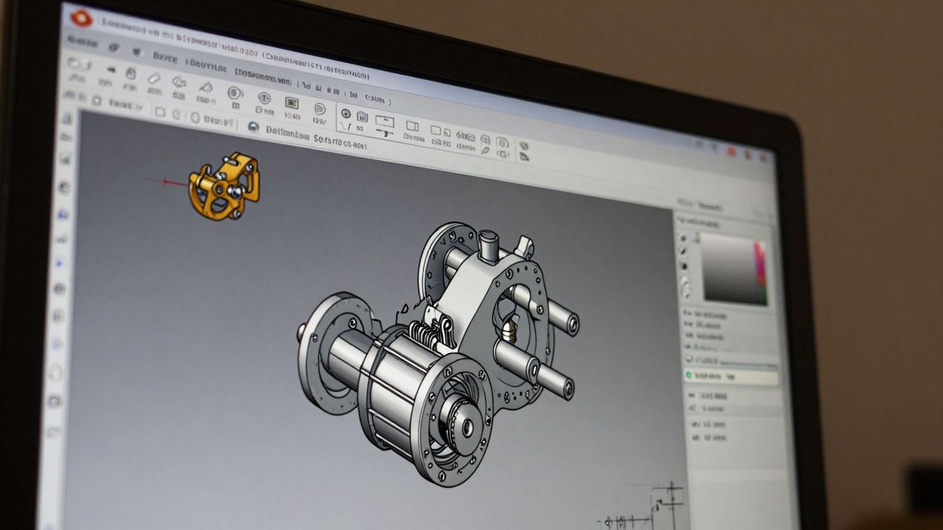 SolidWorks software interface with 3D designs and blueprints.