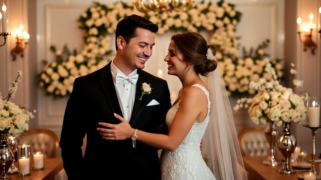 Couple embracing in a luxurious Dallas elopement setting.