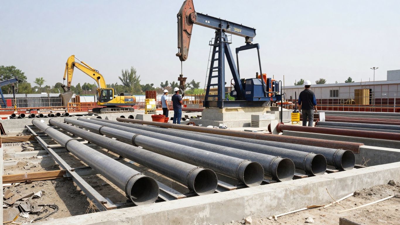 Pump station construction site with workers and machinery.