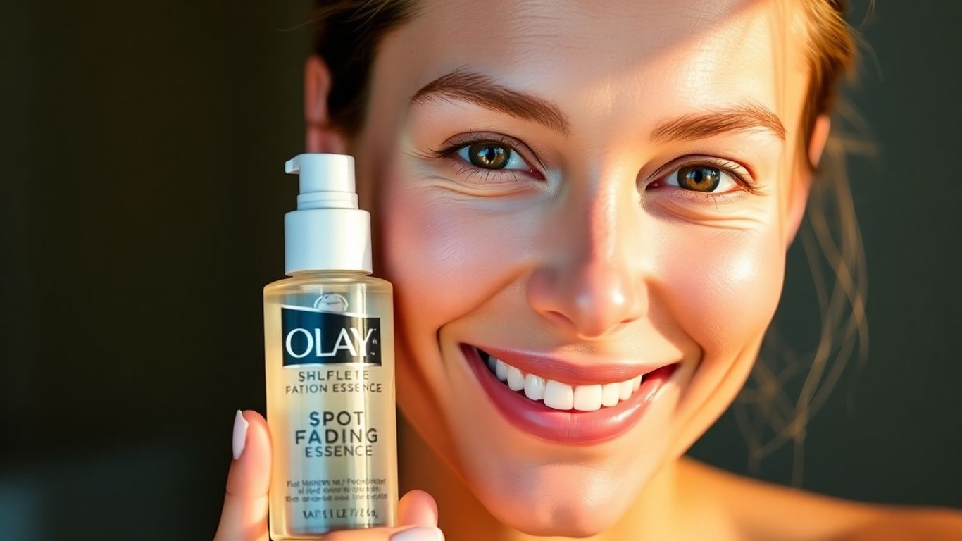 Woman with bright, clear skin holding Olay Spot Fading Essence.