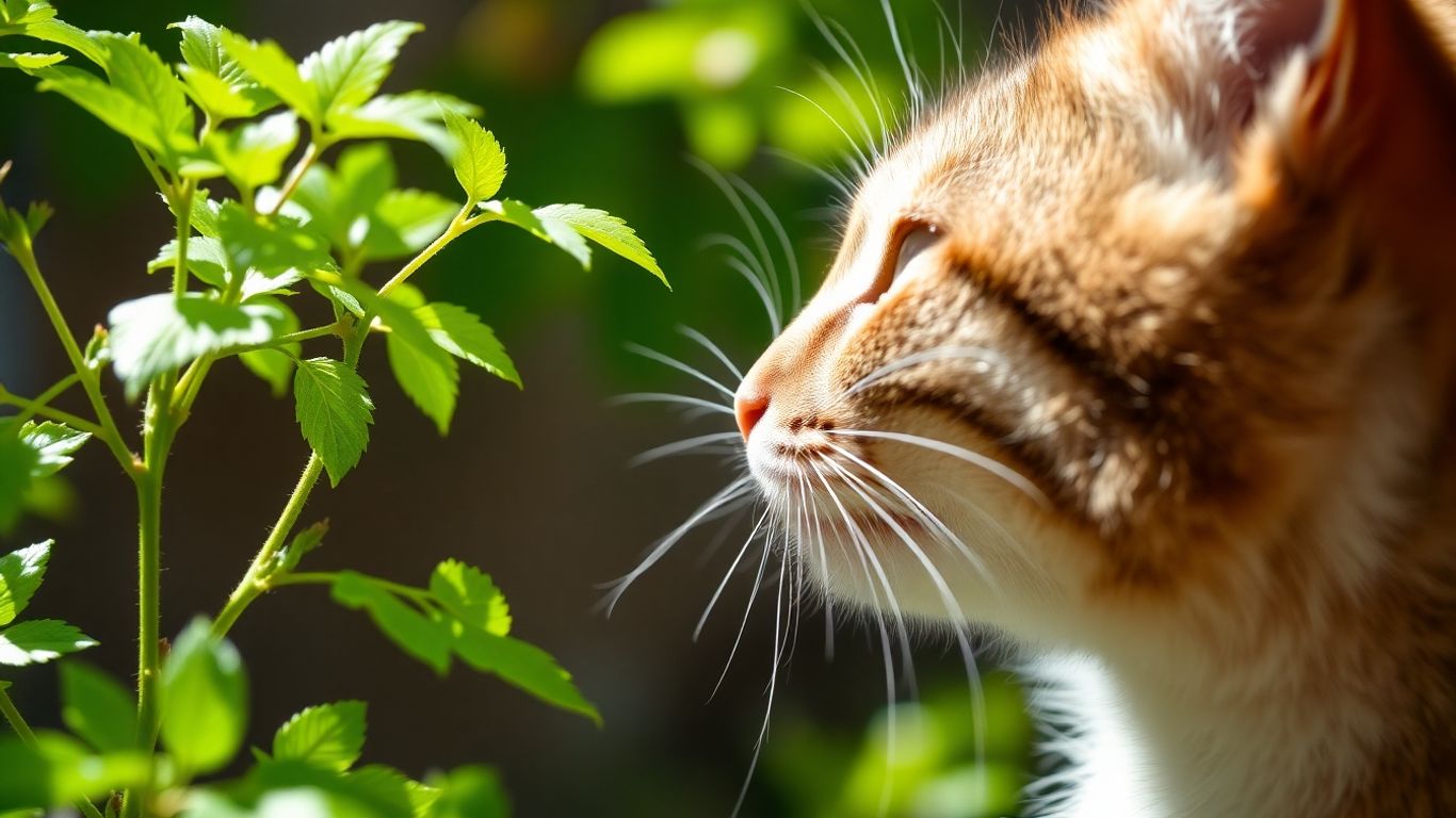 Gato perto de planta com folhas verdes