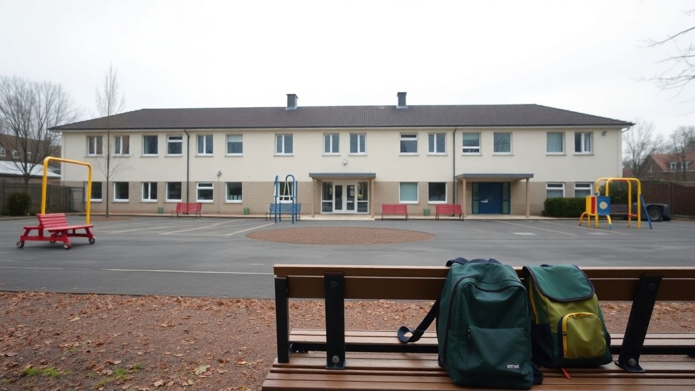 École primaire fermée avec cour vide et sac d’écoliers.