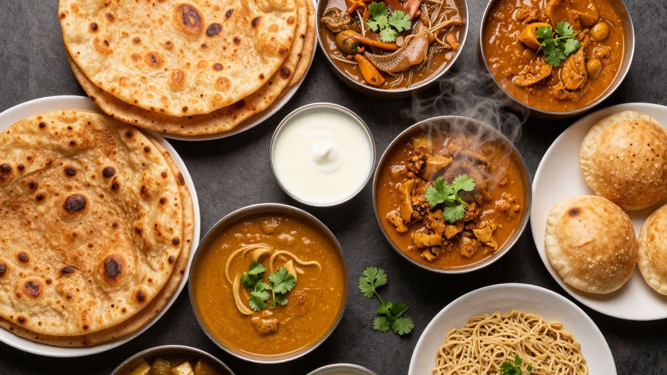 Assortment of North Indian breakfast dishes like parathas and chole.