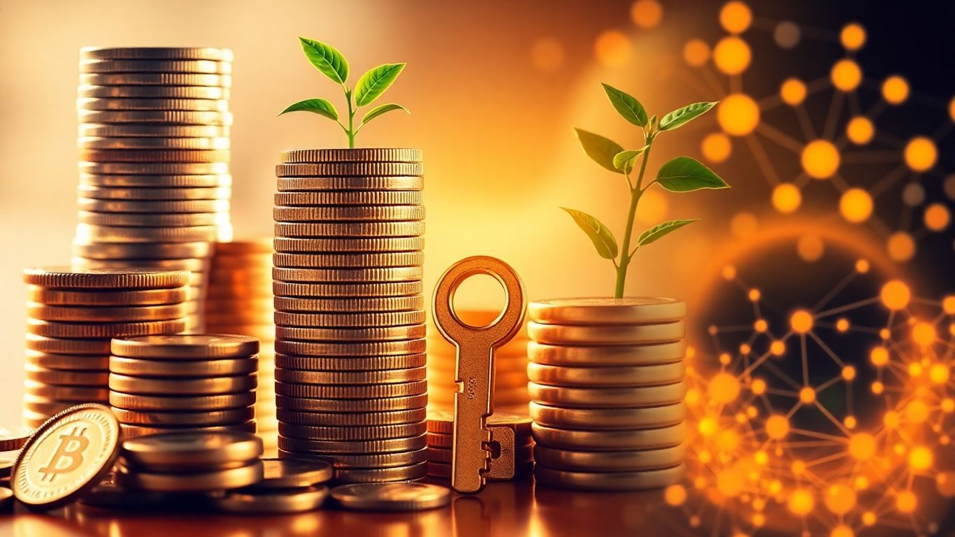 Diverse financial elements collage with coins and growth.