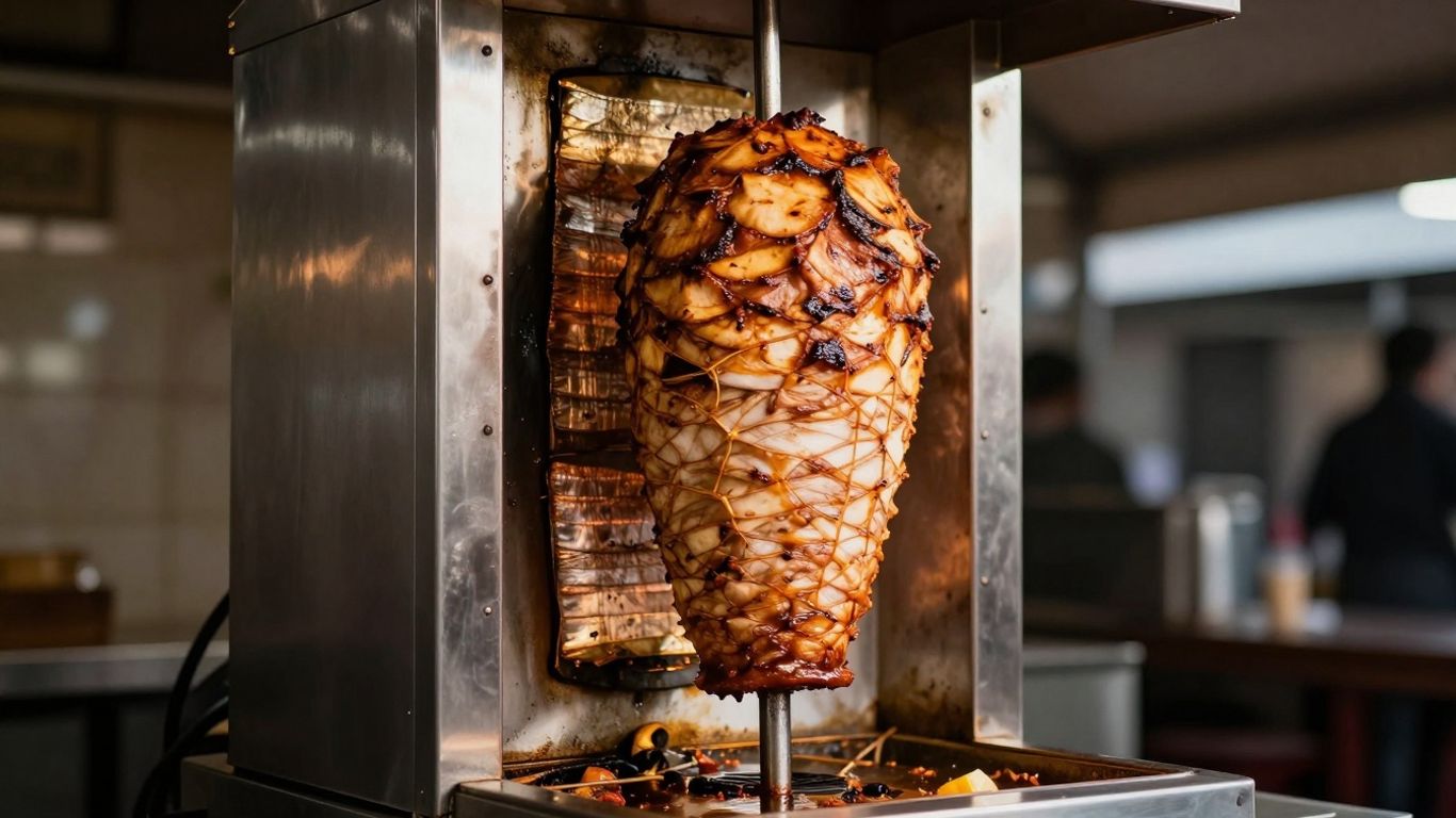 Professional doner kebab machine with rotating meat spit.