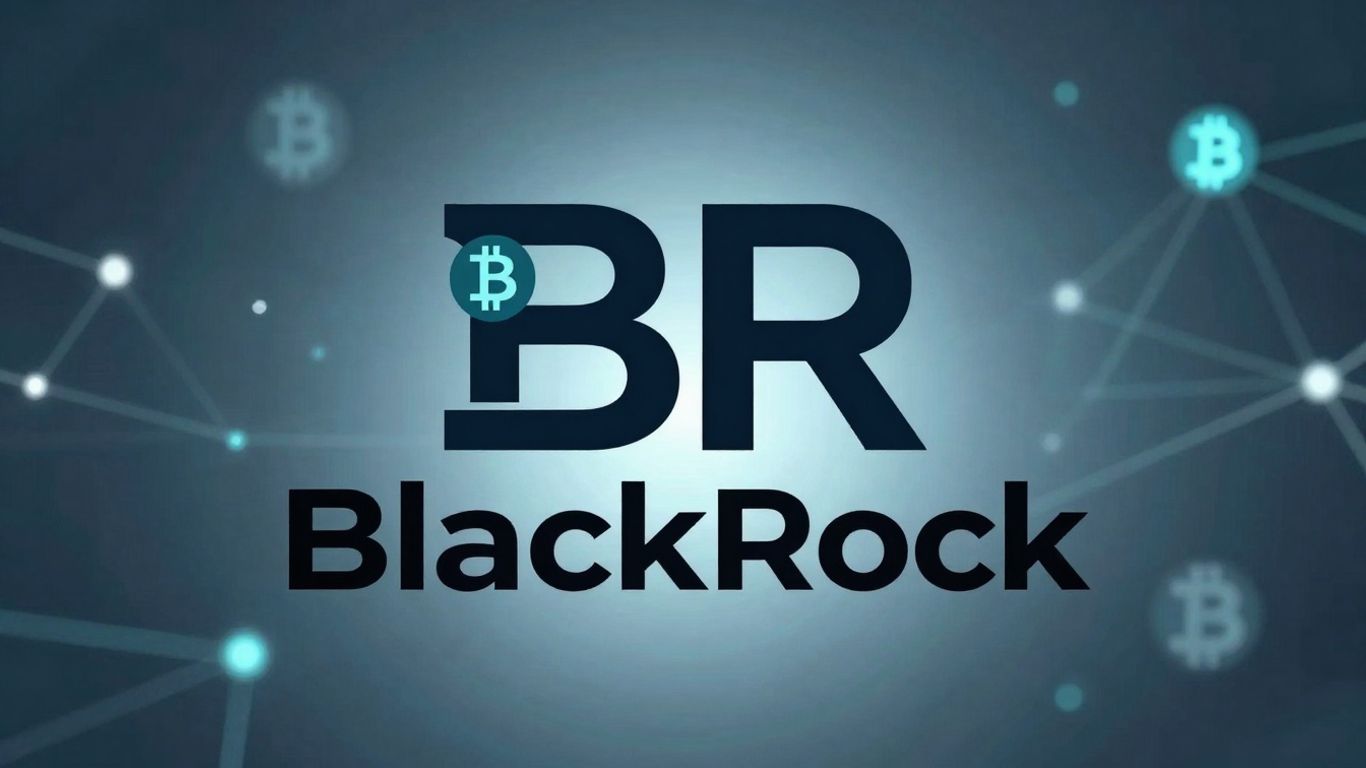 BlackRock logo with crypto symbols and blockchain background.