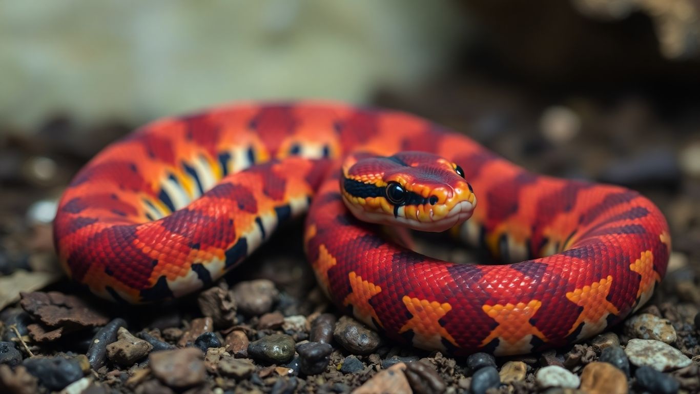 Colorful corn snake coiled on a naturalistic substrate.