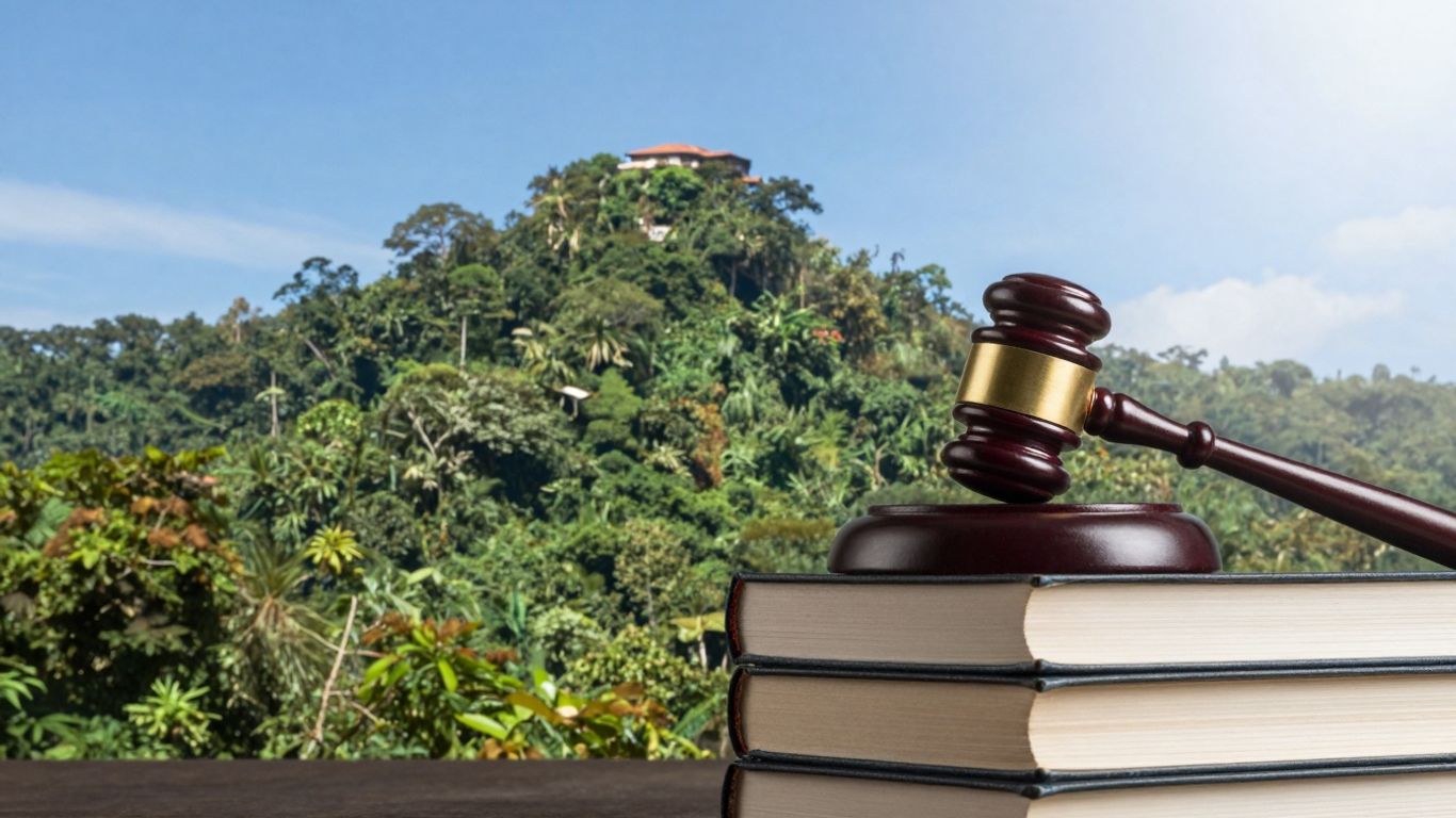 Martelo de juiz sobre livros com floresta amazônica ao fundo.