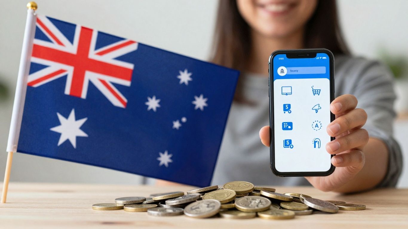 Australian dollars and flag with person on phone