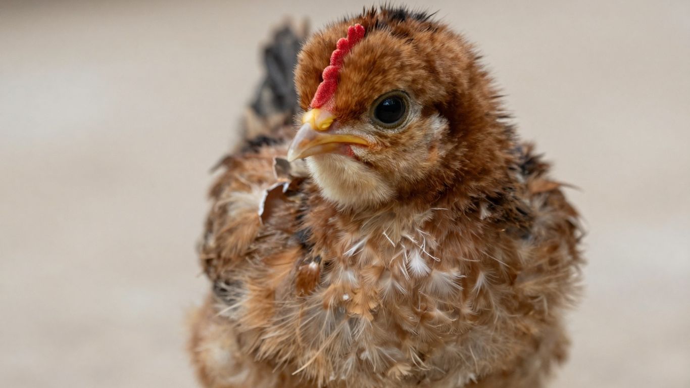 Newly hatched claret gamefowl chick emerging from egg.