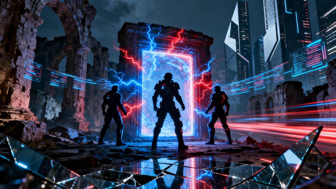 Gate Zero game portal with futuristic characters and mixed architecture.