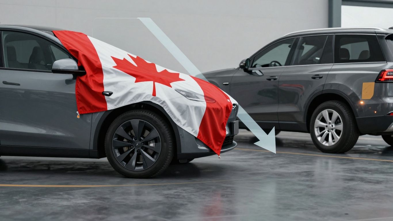 Canadian flag over electric and gasoline cars, hinting at tax cuts.