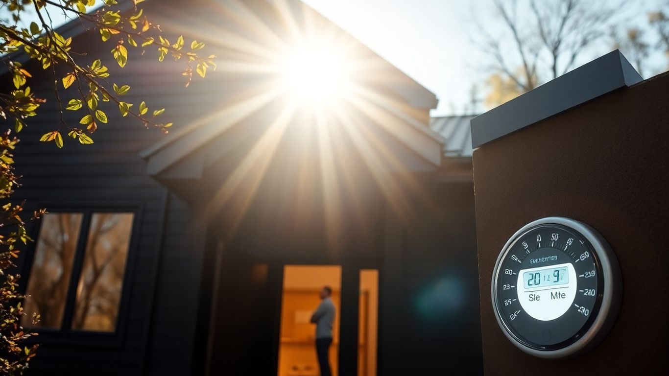 Modern house with energy meter and sunlight.