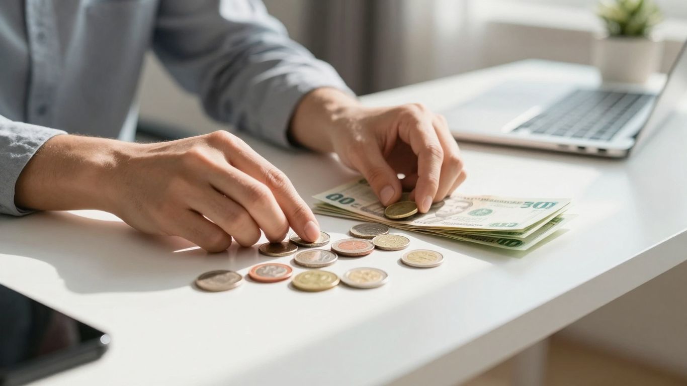 Mãos organizando dinheiro e moedas para planejamento financeiro.