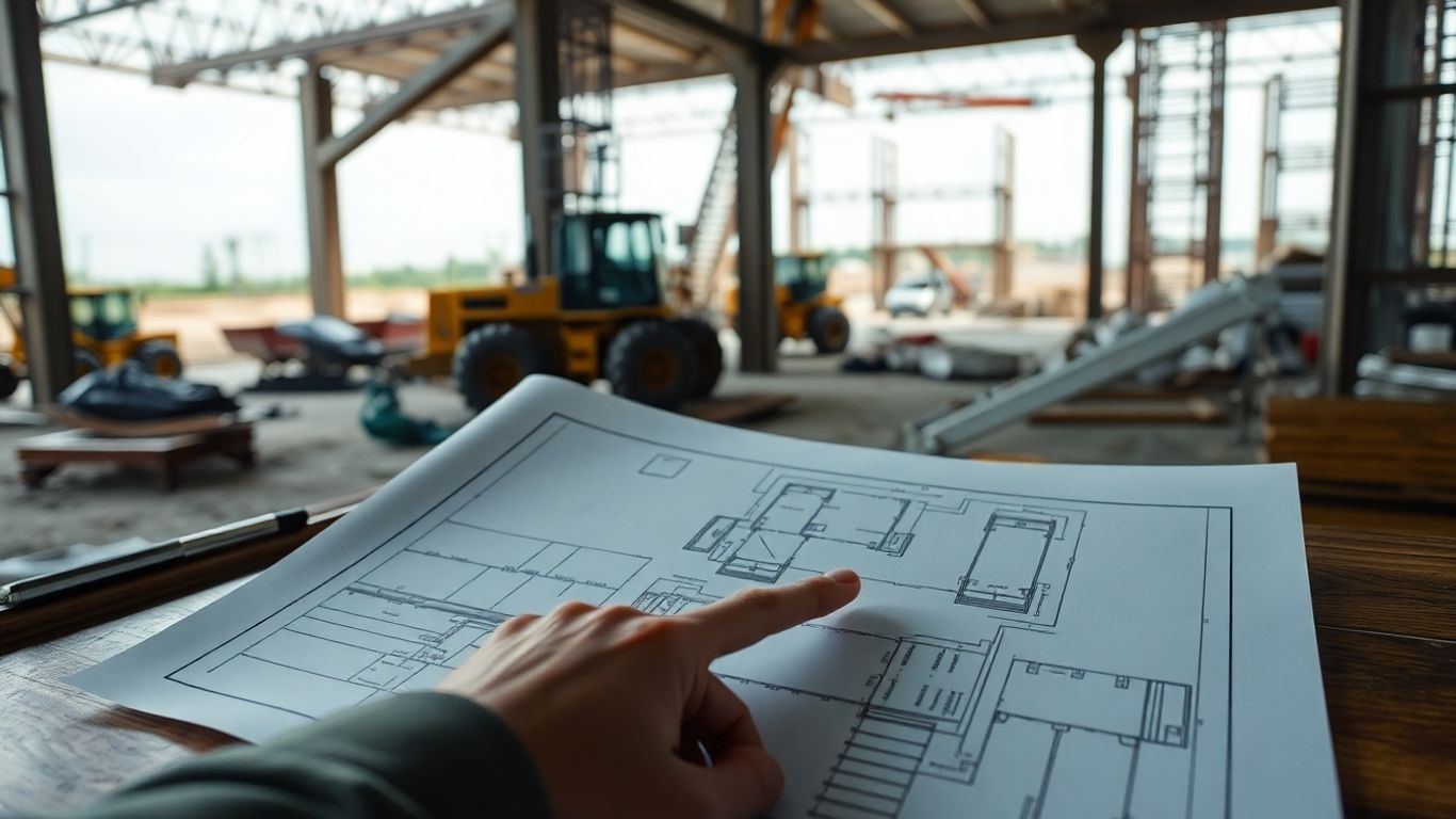 Construction site blueprint with a hand pointing to a plan.