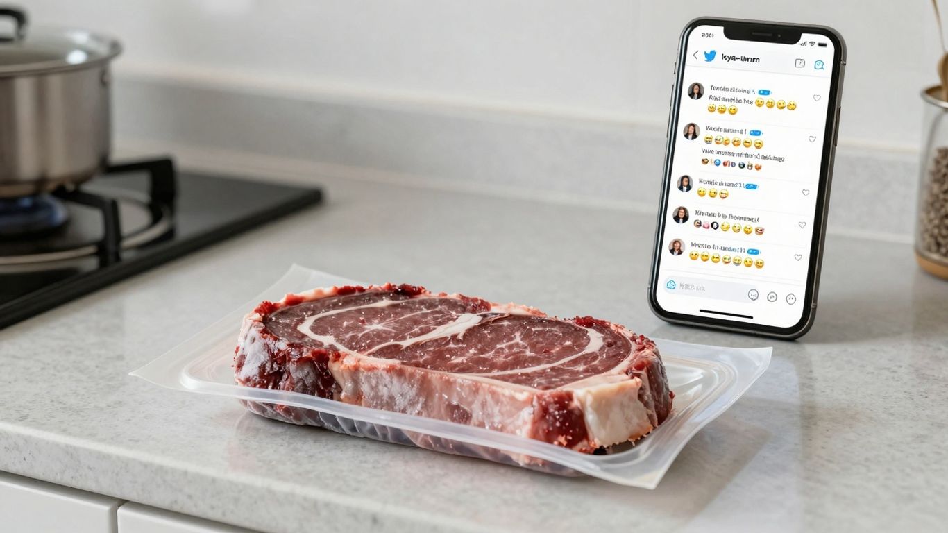 Steak-umm package and Twitter feed on a phone.