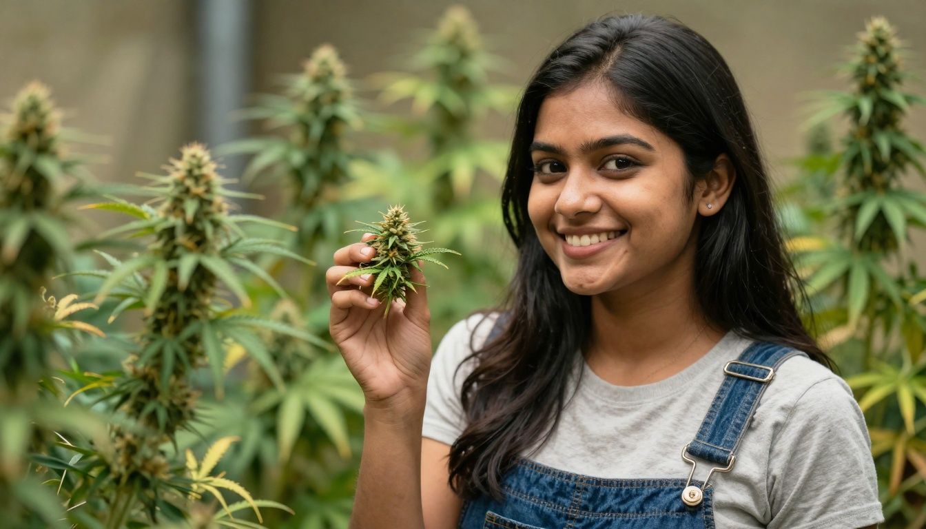 Woman holding a cannabis product with marijuana plants in the background.