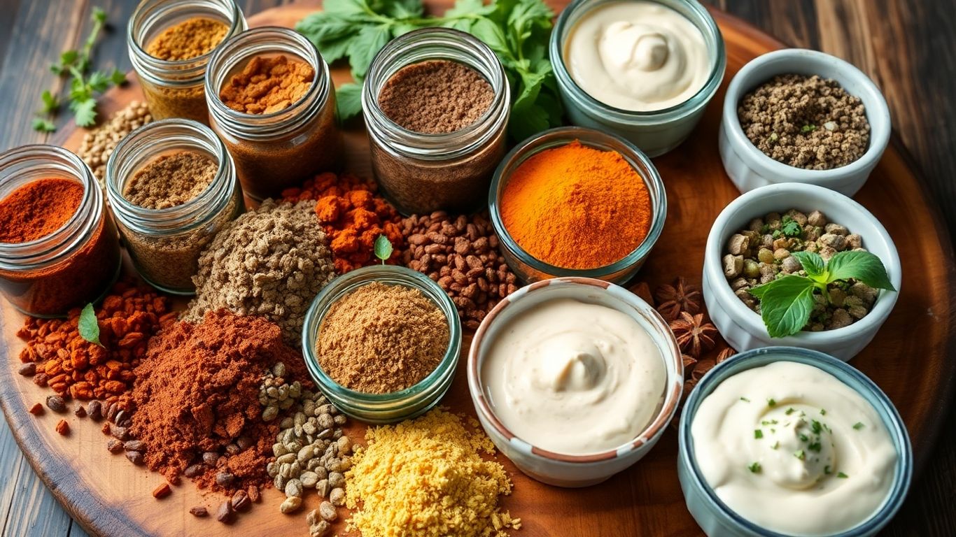 Assortment of creative rubs, marinades, and creamy dips.