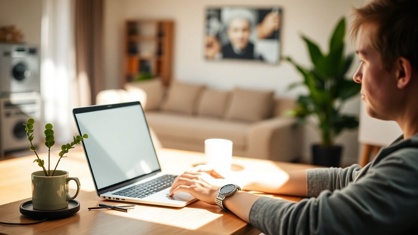 Pessoa trabalhando em casa com laptop e planta.