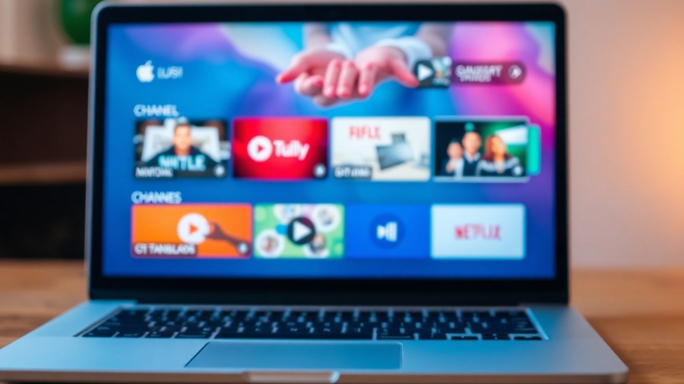 Laptop displaying IPTV player interface.