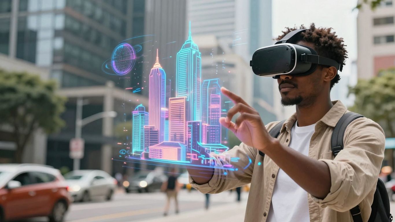 Persoană interacționând cu realitatea augmentată într-un oraș.