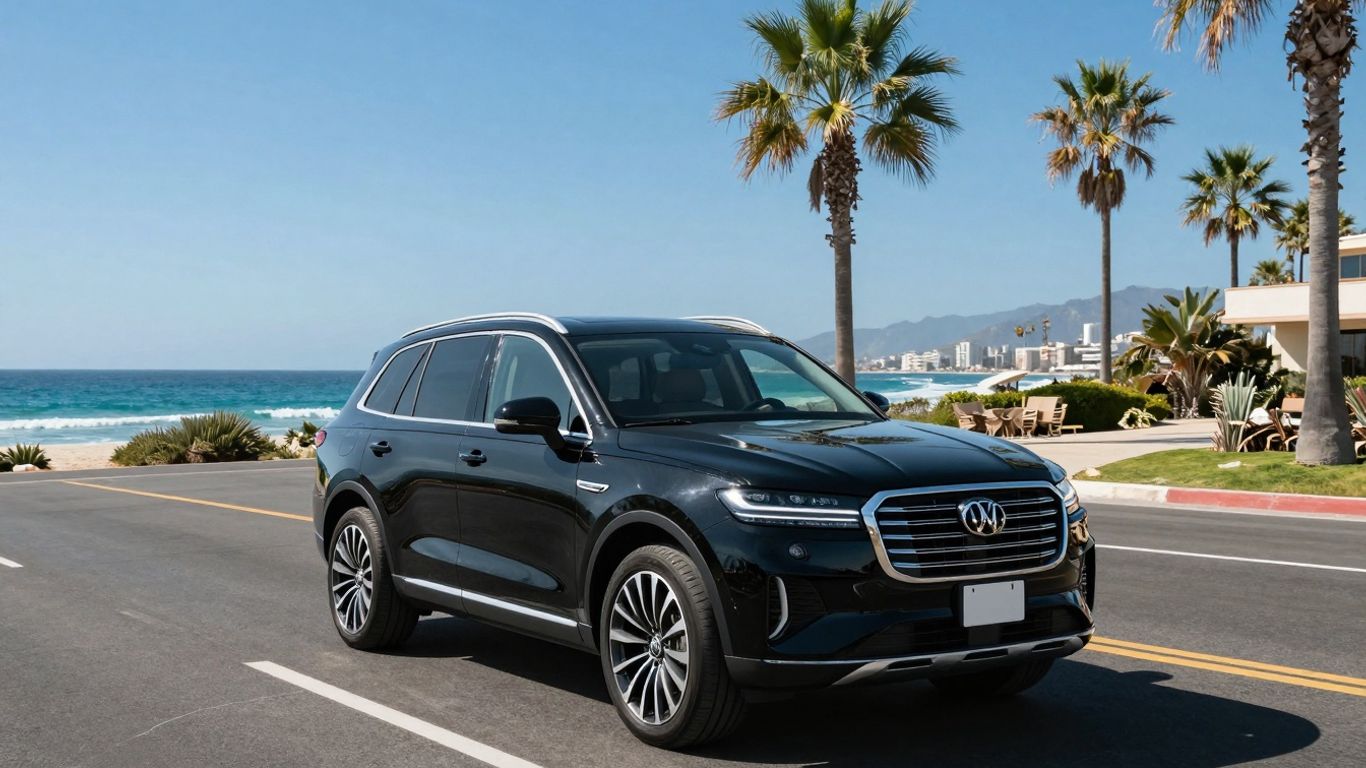 Black SUV driving on a scenic Cabo highway.