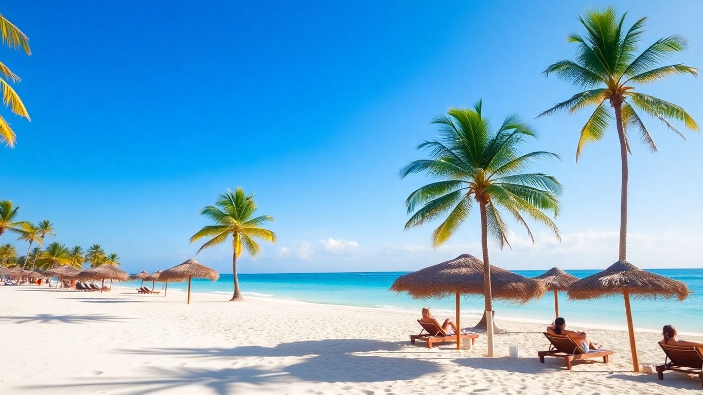 Beautiful Dominican Republic beach with palms and white sand.