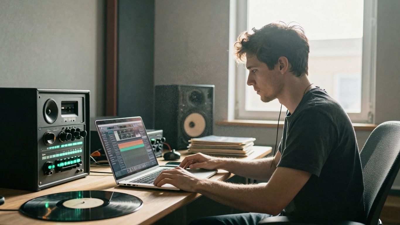 Producer working on music in a studio.